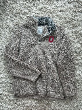 J. America Taupe Teddy Sherpa Pullover with Red 'O' Patch